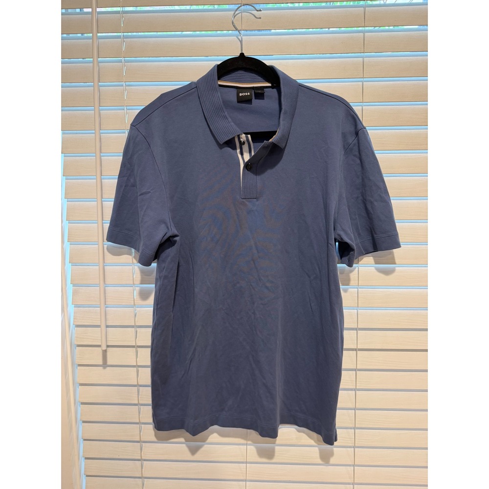 Hugo Boss Mens Blue Short Sleeve Polo Shirt Striped‎ Trim Size L